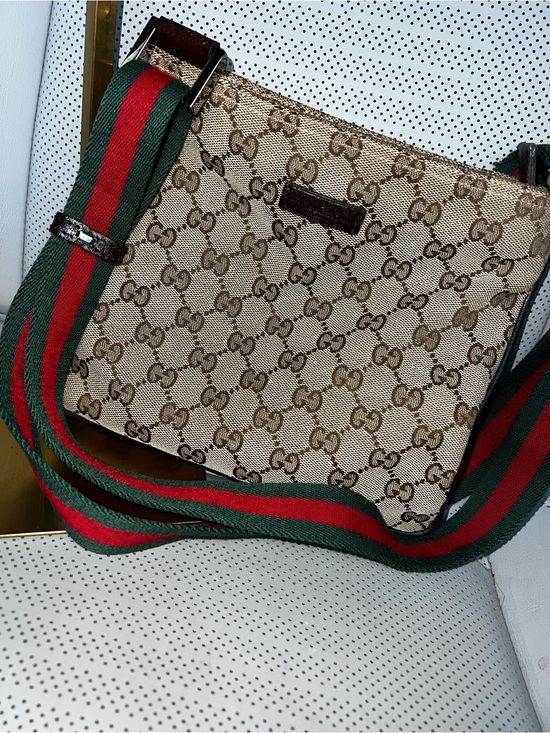 Gucci Handbags - Gucci Beige GG Supreme Crossbody with Green-Red Web Strap